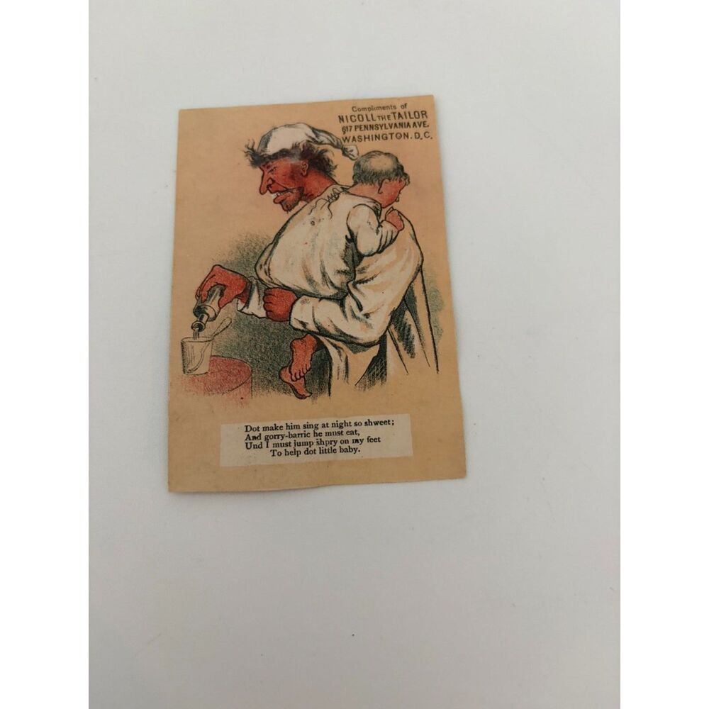 victorian trade card Nicoll the Tailor,  "brave daddy holding Baby"